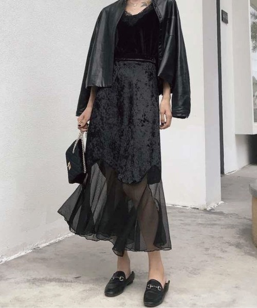 meJane(ミージェーン)の「光沢フロッキー×シフォンドッキングマーメイドスカート(スカート・レディース・ブラック/アイボリー・M/L)」の10枚目の写真