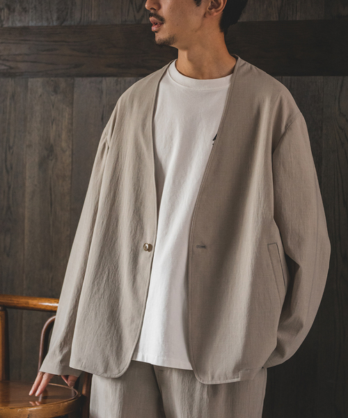 JOURNAL STANDARD（ジャーナルスタンダード）の「【EVALET / エバレット】ストレッチノーカラージャケット（ノーカラージャケット・メンズ・ダークブルー/グレー/ベージュ・MEDIUM/LARGE/SMALL）」の19枚目の写真