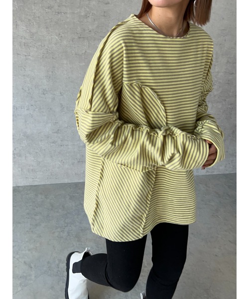 owndaily（オンデイリー）の「コットンオーバーサイズボーダーロングTシャツ（Tシャツ/カットソー・レディース・イエロー/ブラック・FREE）」の2枚目の写真