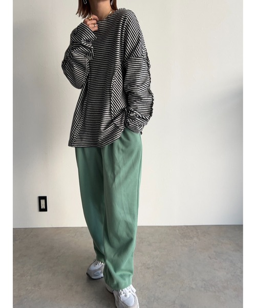 owndaily（オンデイリー）の「コットンオーバーサイズボーダーロングTシャツ（Tシャツ/カットソー・レディース・イエロー/ブラック・FREE）」の5枚目の写真