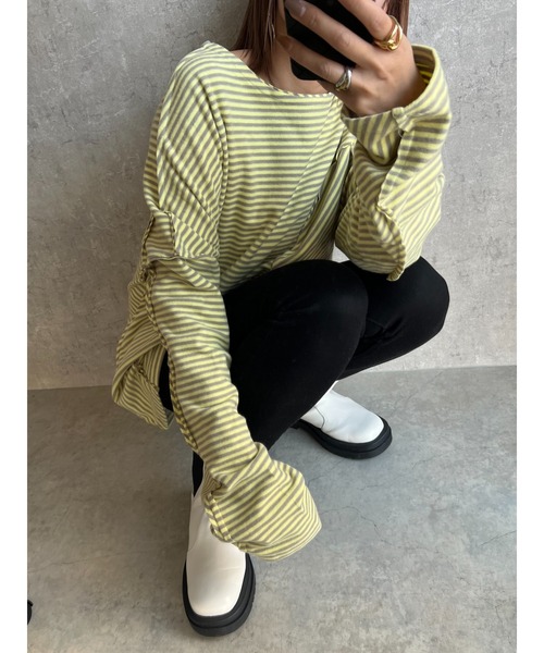 owndaily（オンデイリー）の「コットンオーバーサイズボーダーロングTシャツ（Tシャツ/カットソー・レディース・イエロー/ブラック・FREE）」の9枚目の写真