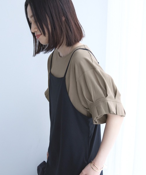 Chaco closet(チャコ クローゼット)の「フレンチタックスリーブTシャツ(Tシャツ/カットソー・レディース・グレイッシュベージュ/ブラック/オフホワイト/イエロー/パープル/グリーン・FREE)」の3枚目の写真