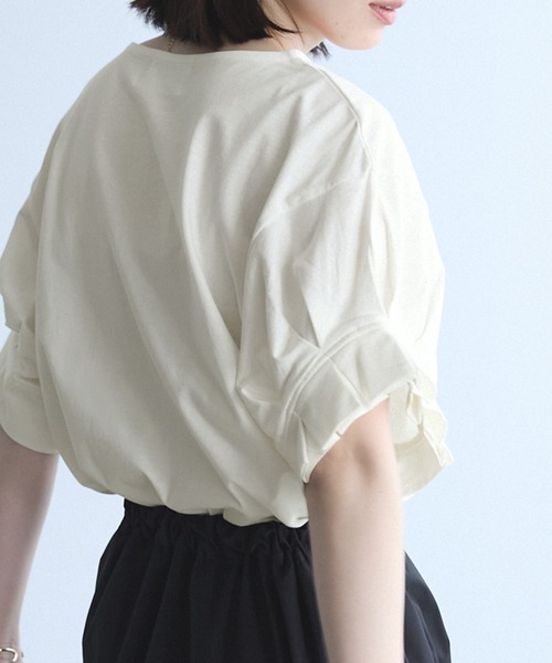 Chaco closet(チャコ クローゼット)の「フレンチタックスリーブTシャツ(Tシャツ/カットソー・レディース・グレイッシュベージュ/ブラック/オフホワイト/イエロー/パープル/グリーン・FREE)」の11枚目の写真