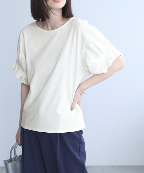 Chaco closet(チャコ クローゼット)の「フレンチタックスリーブTシャツ(Tシャツ/カットソー・レディース・グレイッシュベージュ/ブラック/オフホワイト/イエロー/パープル/グリーン・FREE)」の14枚目の写真