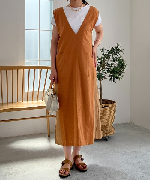 un dix cors（アンディコール）の「織柄リブ切替ジャンスカ（ジャンパースカート・レディース・オレンジ/ライトグレー・FREE）」の9枚目の写真