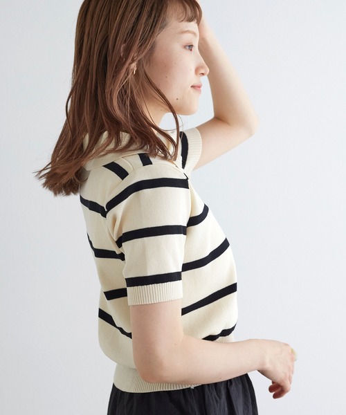 w closet（ダブルクローゼット）の「スキッパーボーダーポロニット（ポロシャツ・レディース・オフホワイト/ブラック・FREE）」の6枚目の写真
