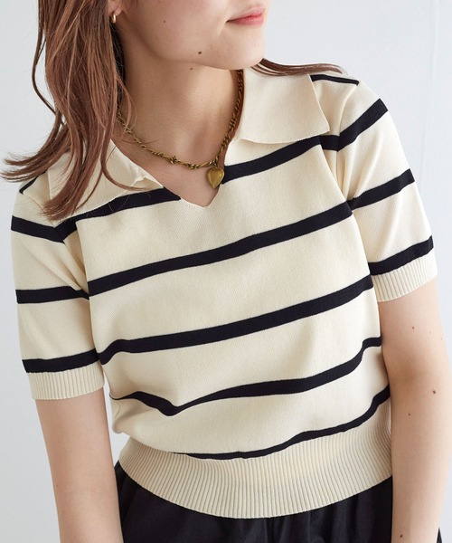 w closet（ダブルクローゼット）の「スキッパーボーダーポロニット（ポロシャツ・レディース・オフホワイト/ブラック・FREE）」の7枚目の写真