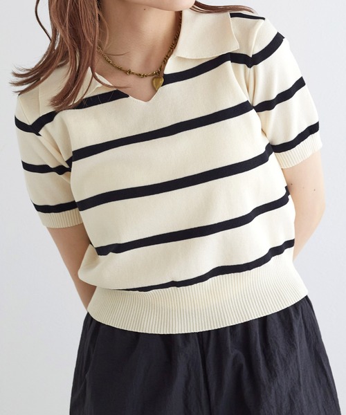 w closet（ダブルクローゼット）の「スキッパーボーダーポロニット（ポロシャツ・レディース・オフホワイト/ブラック・FREE）」の10枚目の写真