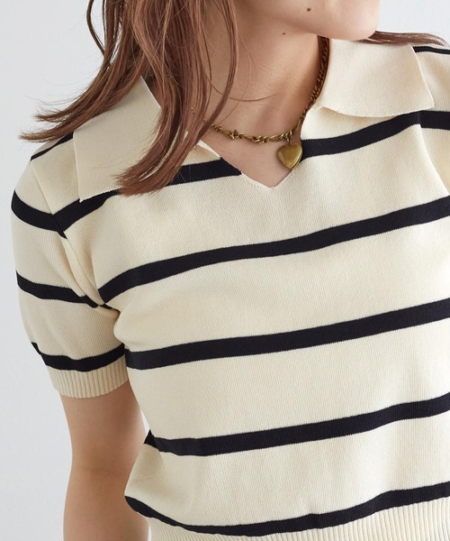 w closet（ダブルクローゼット）の「スキッパーボーダーポロニット（ポロシャツ・レディース・オフホワイト/ブラック・FREE）」の12枚目の写真