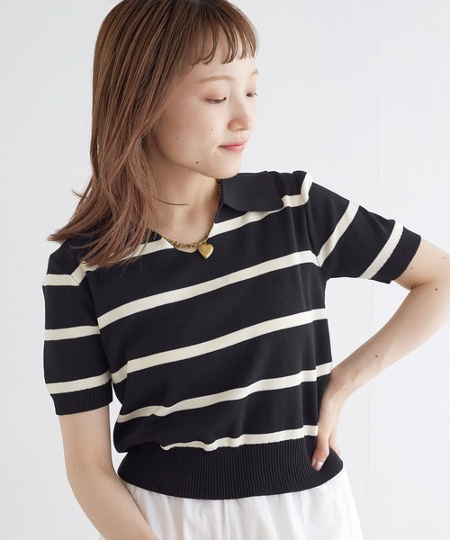 w closet（ダブルクローゼット）の「スキッパーボーダーポロニット（ポロシャツ・レディース・オフホワイト/ブラック・FREE）」の18枚目の写真