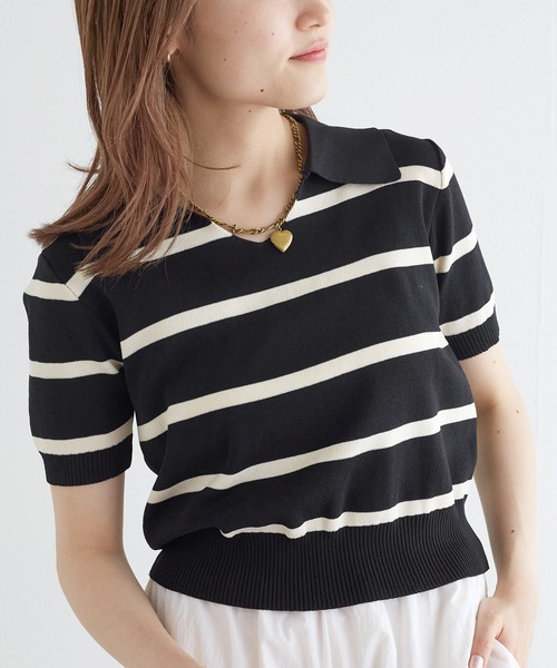 w closet（ダブルクローゼット）の「スキッパーボーダーポロニット（ポロシャツ・レディース・オフホワイト/ブラック・FREE）」の20枚目の写真
