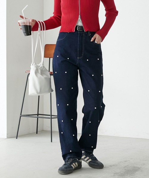 BONLECILL（ボンルシール）の「ハイウエストパールデニムパンツ（デニムパンツ・レディース・ブラック/ブルー/ネイビー・M/S/L）」の6枚目の写真
