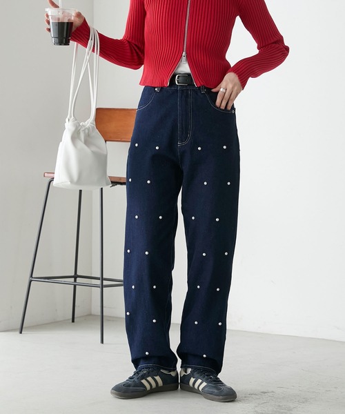 BONLECILL（ボンルシール）の「ハイウエストパールデニムパンツ（デニムパンツ・レディース・ブラック/ブルー/ネイビー・M/S/L）」の12枚目の写真