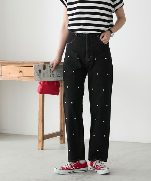 BONLECILL（ボンルシール）の「ハイウエストパールデニムパンツ（デニムパンツ・レディース・ブラック/ブルー/ネイビー・M/S/L）」の18枚目の写真