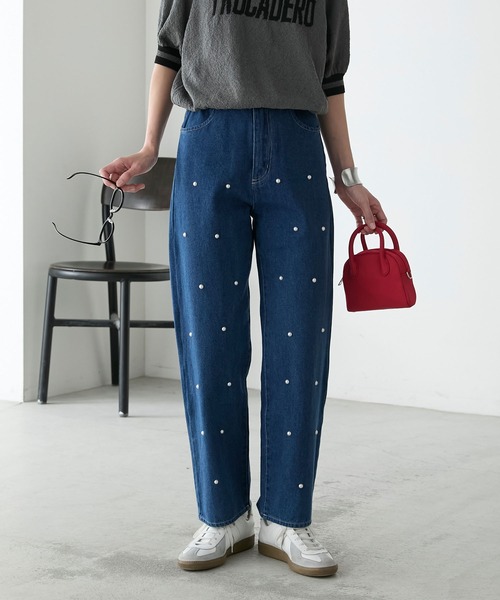 BONLECILL（ボンルシール）の「ハイウエストパールデニムパンツ（デニムパンツ・レディース・ブラック/ブルー/ネイビー・M/S/L）」の22枚目の写真