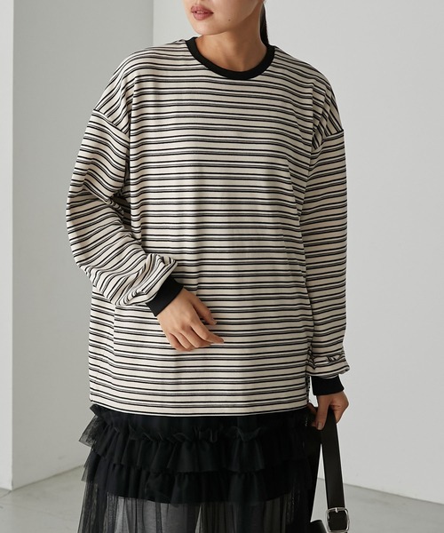 forksy.(フォルクシー)の「【forksy.】ボーダーベロアロンT(Tシャツ/カットソー・レディース・アイボリー/ブラック/グレー/カーキ・FREE)」の3枚目の写真