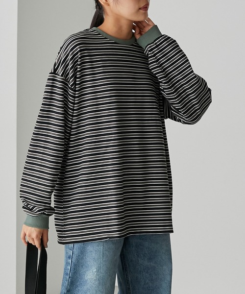forksy.(フォルクシー)の「【forksy.】ボーダーベロアロンT(Tシャツ/カットソー・レディース・アイボリー/ブラック/グレー/カーキ・FREE)」の1枚目の写真