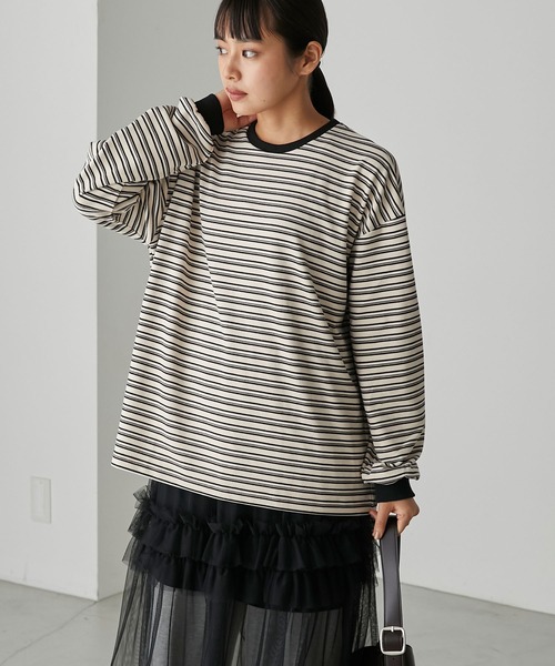 forksy.(フォルクシー)の「【forksy.】ボーダーベロアロンT(Tシャツ/カットソー・レディース・アイボリー/ブラック/グレー/カーキ・FREE)」の5枚目の写真