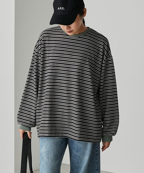 forksy.(フォルクシー)の「【forksy.】ボーダーベロアロンT(Tシャツ/カットソー・レディース・アイボリー/ブラック/グレー/カーキ・FREE)」の16枚目の写真