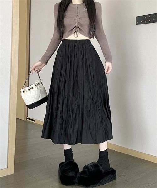 FREE STYLISTS（フリー スタイリスト）の「皺加工フレアロングスカート（スカート・レディース・ブラック/ダークブラウン/グリーン/ブラウン/アイボリー・FREE）」の12枚目の写真