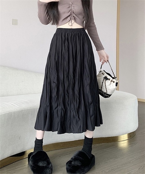 FREE STYLISTS（フリー スタイリスト）の「皺加工フレアロングスカート（スカート・レディース・ブラック/ダークブラウン/グリーン/ブラウン/アイボリー・FREE）」の14枚目の写真