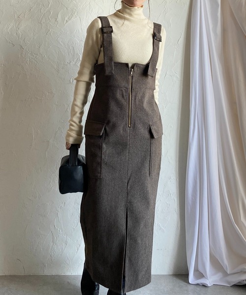 She's Closet(シーズクローゼット)の「ハイウエストフロントジップロングタイトミリタリージャンパースカートワンピース(ジャンパースカート・レディース・チャコールグレー/ブラック/ブラウン・FREE)」の3枚目の写真