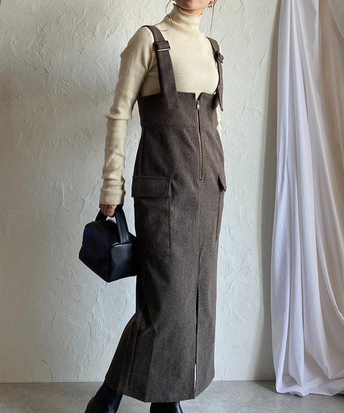 She's Closet(シーズクローゼット)の「ハイウエストフロントジップロングタイトミリタリージャンパースカートワンピース(ジャンパースカート・レディース・チャコールグレー/ブラック/ブラウン・FREE)」の5枚目の写真