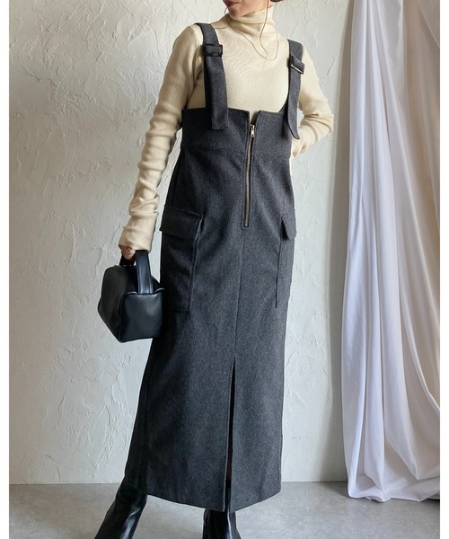 She's Closet(シーズクローゼット)の「ハイウエストフロントジップロングタイトミリタリージャンパースカートワンピース(ジャンパースカート・レディース・チャコールグレー/ブラック/ブラウン・FREE)」の14枚目の写真
