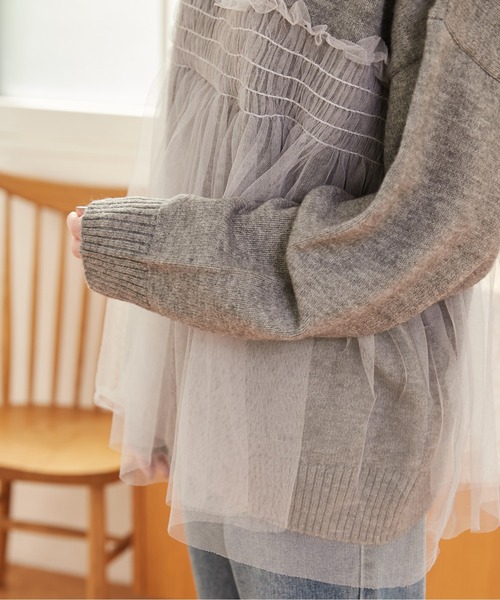 新品タグ付き♡ANAYIレースチュールニット セール】 フラワーチュールレースニットコンビ プルオーバー