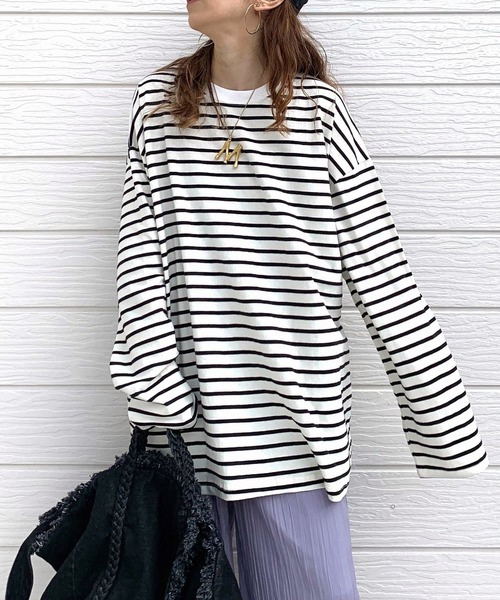 Q（キュー）の「ボーダーロンT（Tシャツ/カットソー・レディース・ピンク系/ホワイト系/ブルー系・MEDIUM）」の2枚目の写真