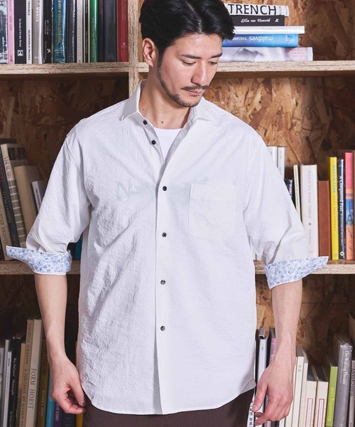 UNION STATION（ユニオンステーション）の「ナチュラルストレッチワッシャー七分袖ワイドカラーシャツ（シャツ/ブラウス・メンズ・オフホワイト/ブラウン/グリーン/ネイビー/ダークブルー/ブルーグレー・LL/L/M/S）」の2枚目の写真