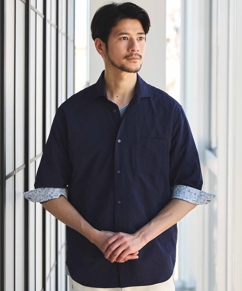 UNION STATION（ユニオンステーション）の「ナチュラルストレッチワッシャー七分袖ワイドカラーシャツ（シャツ/ブラウス・メンズ・オフホワイト/ブラウン/グリーン/ネイビー/ダークブルー/ブルーグレー・LL/L/M/S）」の18枚目の写真