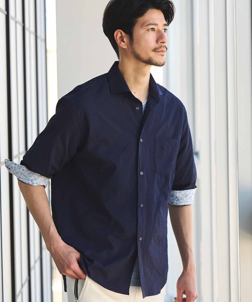 UNION STATION（ユニオンステーション）の「ナチュラルストレッチワッシャー七分袖ワイドカラーシャツ（シャツ/ブラウス・メンズ・オフホワイト/ブラウン/グリーン/ネイビー/ダークブルー/ブルーグレー・LL/L/M/S）」の19枚目の写真