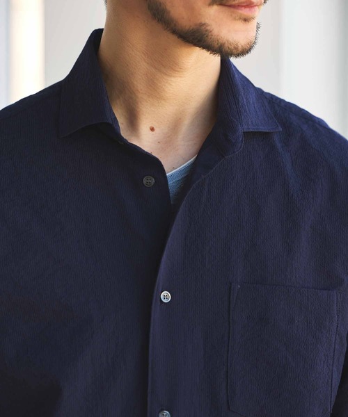 UNION STATION（ユニオンステーション）の「ナチュラルストレッチワッシャー七分袖ワイドカラーシャツ（シャツ/ブラウス・メンズ・オフホワイト/ブラウン/グリーン/ネイビー/ダークブルー/ブルーグレー・LL/L/M/S）」の20枚目の写真