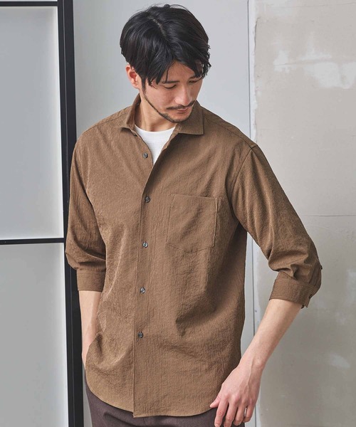 UNION STATION（ユニオンステーション）の「ナチュラルストレッチワッシャー七分袖ワイドカラーシャツ（シャツ/ブラウス・メンズ・オフホワイト/ブラウン/グリーン/ネイビー/ダークブルー/ブルーグレー・LL/L/M/S）」の13枚目の写真