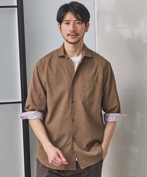 UNION STATION（ユニオンステーション）の「ナチュラルストレッチワッシャー七分袖ワイドカラーシャツ（シャツ/ブラウス・メンズ・オフホワイト/ブラウン/グリーン/ネイビー/ダークブルー/ブルーグレー・LL/L/M/S）」の14枚目の写真