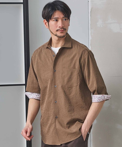 UNION STATION（ユニオンステーション）の「ナチュラルストレッチワッシャー七分袖ワイドカラーシャツ（シャツ/ブラウス・メンズ・オフホワイト/ブラウン/グリーン/ネイビー/ダークブルー/ブルーグレー・LL/L/M/S）」の15枚目の写真