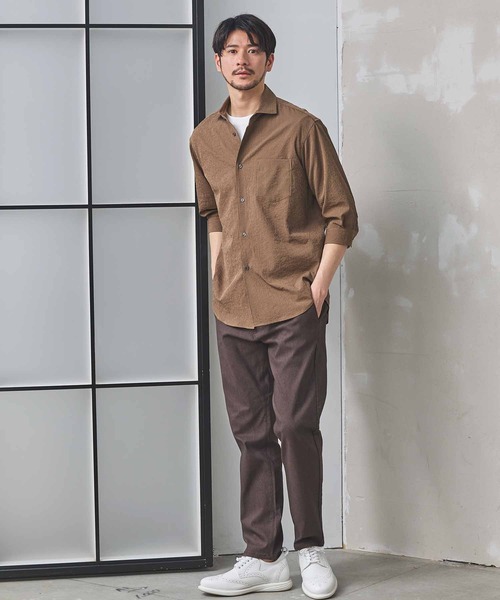 UNION STATION（ユニオンステーション）の「ナチュラルストレッチワッシャー七分袖ワイドカラーシャツ（シャツ/ブラウス・メンズ・オフホワイト/ブラウン/グリーン/ネイビー/ダークブルー/ブルーグレー・LL/L/M/S）」の17枚目の写真