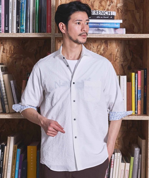 UNION STATION（ユニオンステーション）の「ナチュラルストレッチワッシャー七分袖ワイドカラーシャツ（シャツ/ブラウス・メンズ・オフホワイト/ブラウン/グリーン/ネイビー/ダークブルー/ブルーグレー・LL/L/M/S）」の7枚目の写真