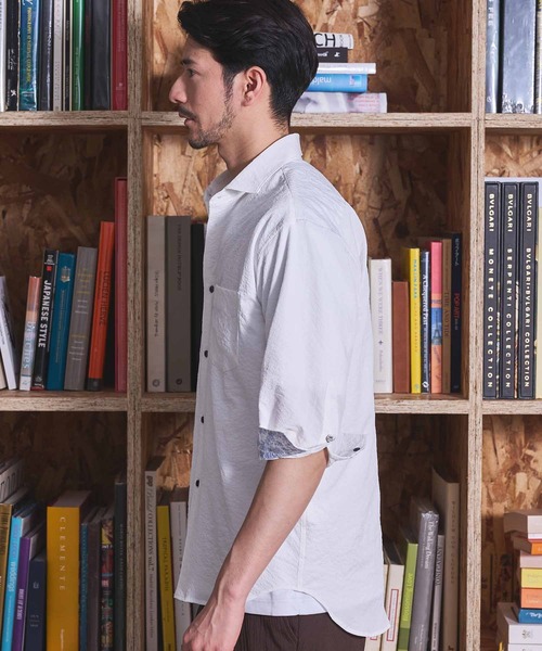 UNION STATION（ユニオンステーション）の「ナチュラルストレッチワッシャー七分袖ワイドカラーシャツ（シャツ/ブラウス・メンズ・オフホワイト/ブラウン/グリーン/ネイビー/ダークブルー/ブルーグレー・LL/L/M/S）」の8枚目の写真