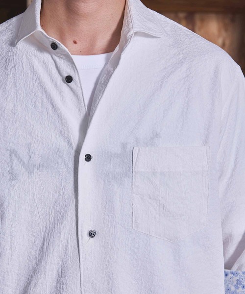 UNION STATION（ユニオンステーション）の「ナチュラルストレッチワッシャー七分袖ワイドカラーシャツ（シャツ/ブラウス・メンズ・オフホワイト/ブラウン/グリーン/ネイビー/ダークブルー/ブルーグレー・LL/L/M/S）」の10枚目の写真