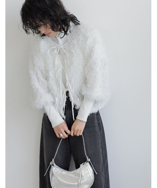 Re:EDIT（リエディ）の「[2024SS COLLECTION]前後2WAYフェザーリボンボリュームスリーブカーディガン（カーディガン/ボレロ・レディース・ホワイト/ライトグレー/ブラック/ブルー・MEDIUM/LARGE）」の10枚目の写真