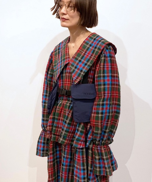 HOLIDAY（ホリデイ）の「CHECK LINEN BIG COLLAR LONG DRESS