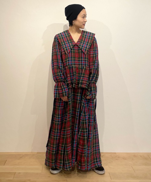HOLIDAY（ホリデイ）の「CHECK LINEN BIG COLLAR LONG DRESS チェック  