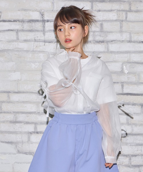 リボンスリーブ シアーシャツ(140cm~160cm)（シャツ/ブラウス