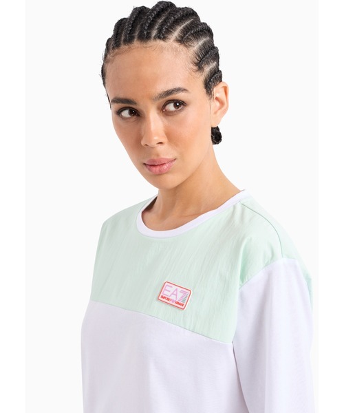 EMPORIO ARMANI EA7(エンポリオアルマーニイーエーセブン)の「【エンポリオ アルマーニ EA7】Contemporary Sport クルーネックTシャツ コットン(Tシャツ/カットソー・レディース・ホワイト×グリーン・LARGE/MEDIUM/SMALL/X-SMALL/X-LARGE)」の4枚目の写真