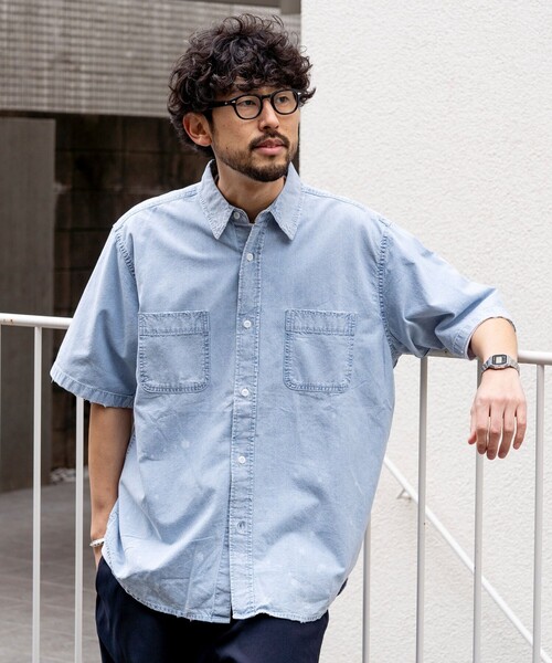 FREAK'S STORE(フリークスストア)の「リラックスフィット ブリーチ加工 シャンブレー レギュラーカラーシャツ ショートスリーブ/半袖シャツ/デニムシャツ/ダメージ加工(シャツ/ブラウス・メンズ・ブラック/ネイビー・MEDIUM/LARGE)」の19枚目の写真