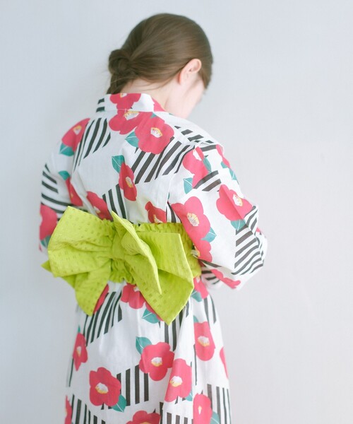 green label relaxing（グリーンレーベルリラクシング）の「GLR 浴衣 ストライプ×ツバキ（浴衣・キッズ・オフホワイト/ネイビー・S/M/L）」の22枚目の写真