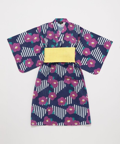 green label relaxing（グリーンレーベルリラクシング）の「GLR 浴衣 ストライプ×ツバキ（浴衣・キッズ・オフホワイト/ネイビー・S/M/L）」の19枚目の写真