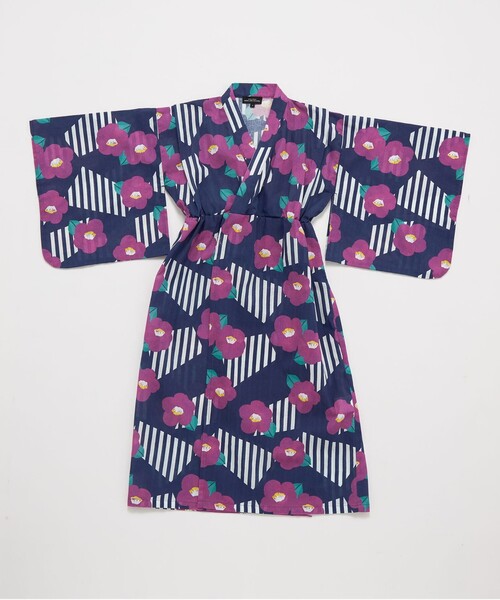 green label relaxing（グリーンレーベルリラクシング）の「GLR 浴衣 ストライプ×ツバキ（浴衣・キッズ・オフホワイト/ネイビー・S/M/L）」の10枚目の写真